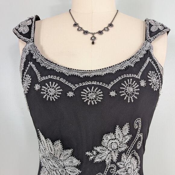 Vtg Papell Prom Dress Maxi Gown 12 Black White Silk Floral Fairy Goth 90s Y2K - Picture 5 of 11